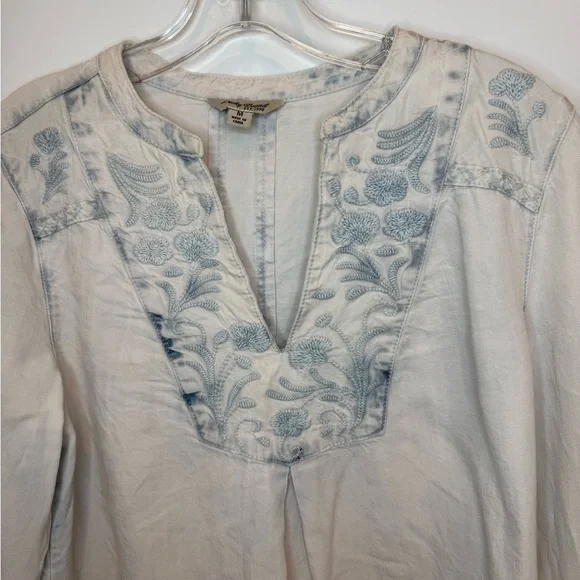 Women's Lucky Brand V-neck Tunic Shirt Sz MediumEmbroidered Boho Long Sleeve